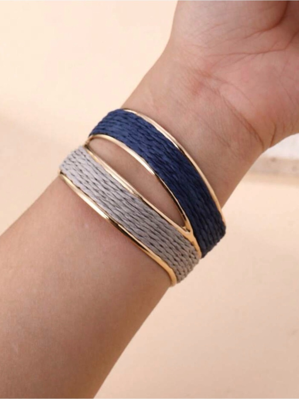 Gold-Tone Navy and Light Blue Woven Cuff Bracelet - Picture 8 of 9